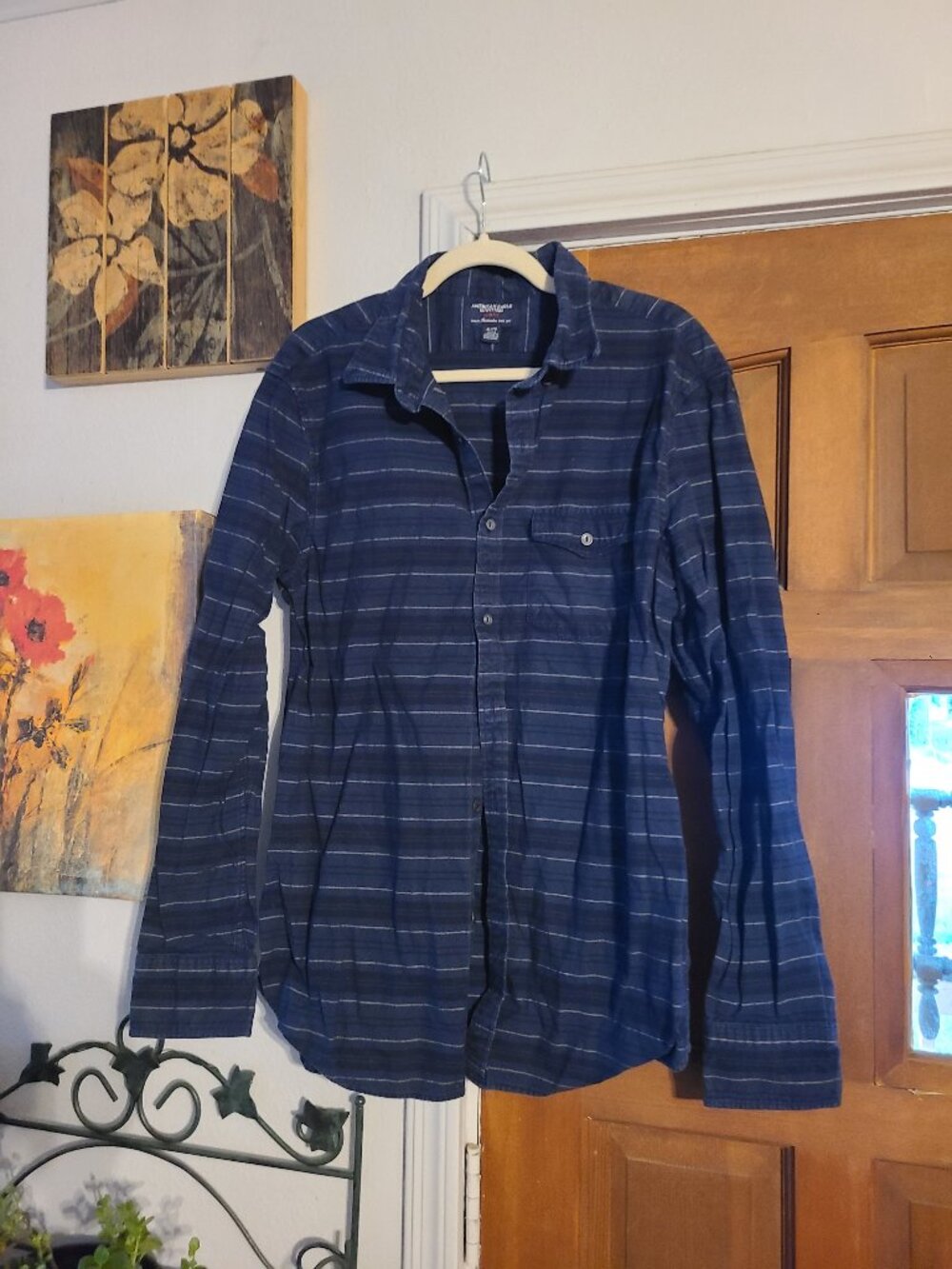 American Eagle Slim Fit Stripe Long Sleeve Button Down Shirt Mens XL Blue Black